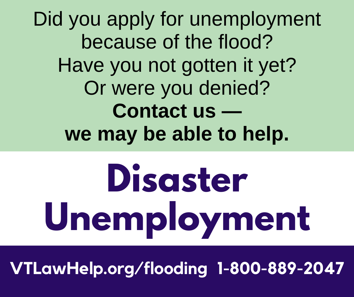 Graphic says to contact us with disaster unemployment problems. Text description follows image.