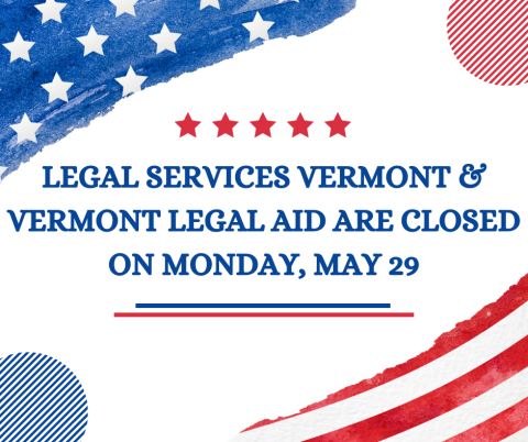 Graphic of stars and stripes with text that says we are closed Monday, May 29