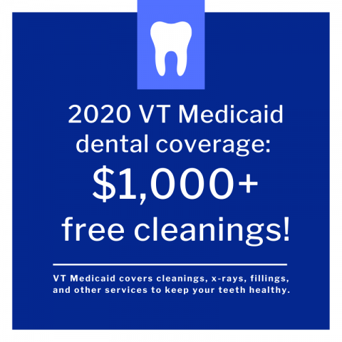 Graphic that says 2020 VT Medicaid dental coverage $1000 plus free cleanings